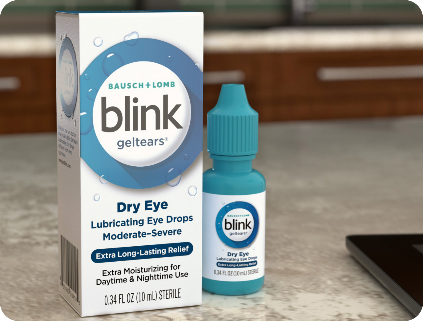 Blink GelTears Lubricating Eye Drops bottle and carton on a desk