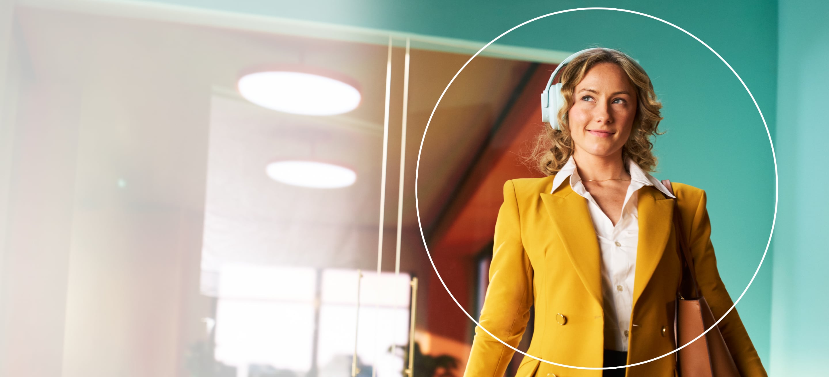 Woman outside holding a camera and looking off into the distance with a white circle around her.