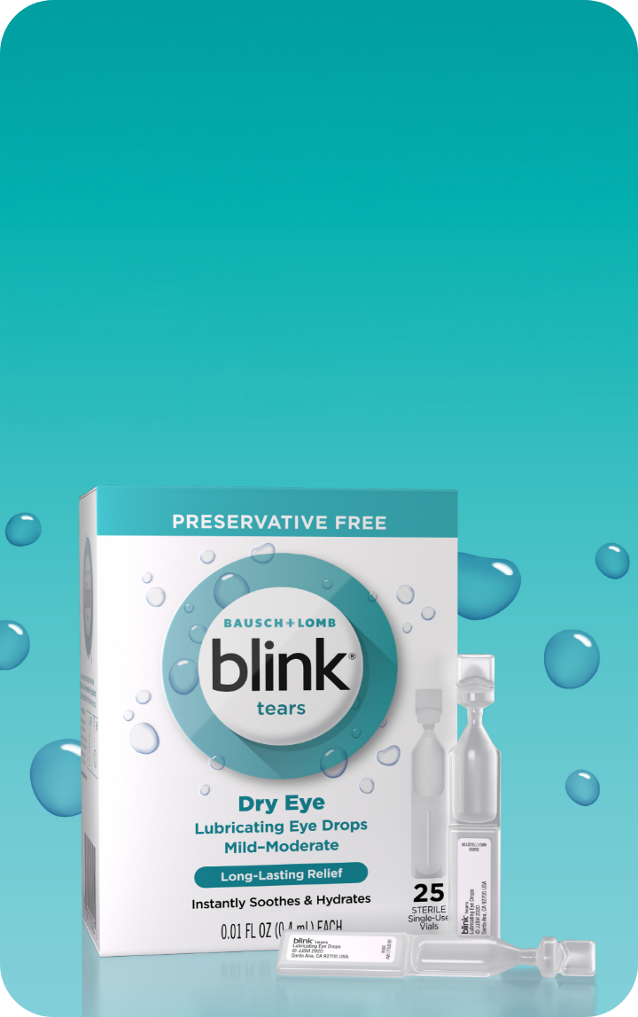 Two single-use vials of Blink Tears Lubricating Eye Drops next to their carton