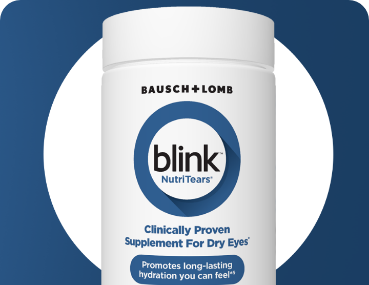 Blink NutriTears Supplement For Dry Eyes bottle with a white circle and blue background