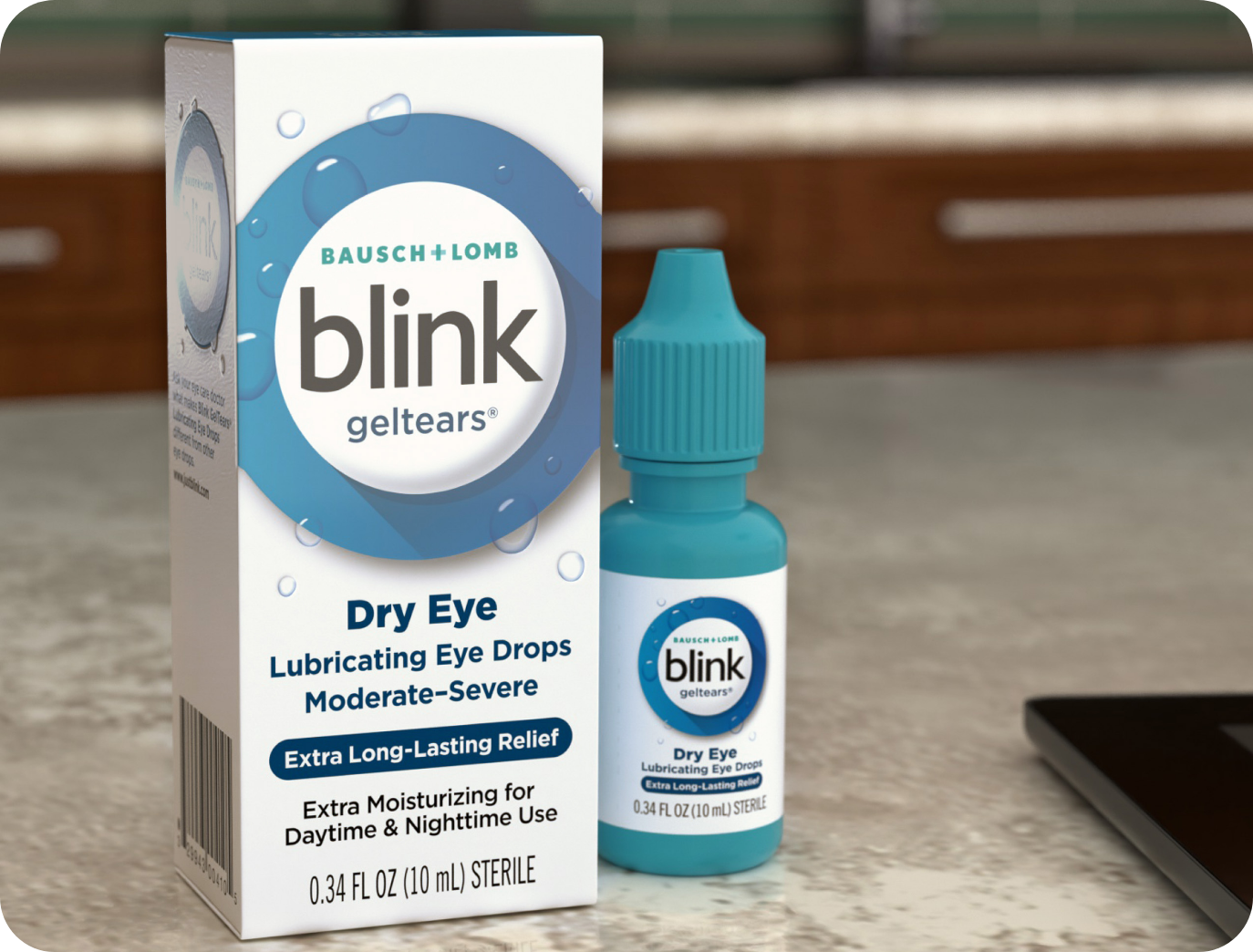 Blink GelTears Lubricating Eye Drops bottle and carton on a desk