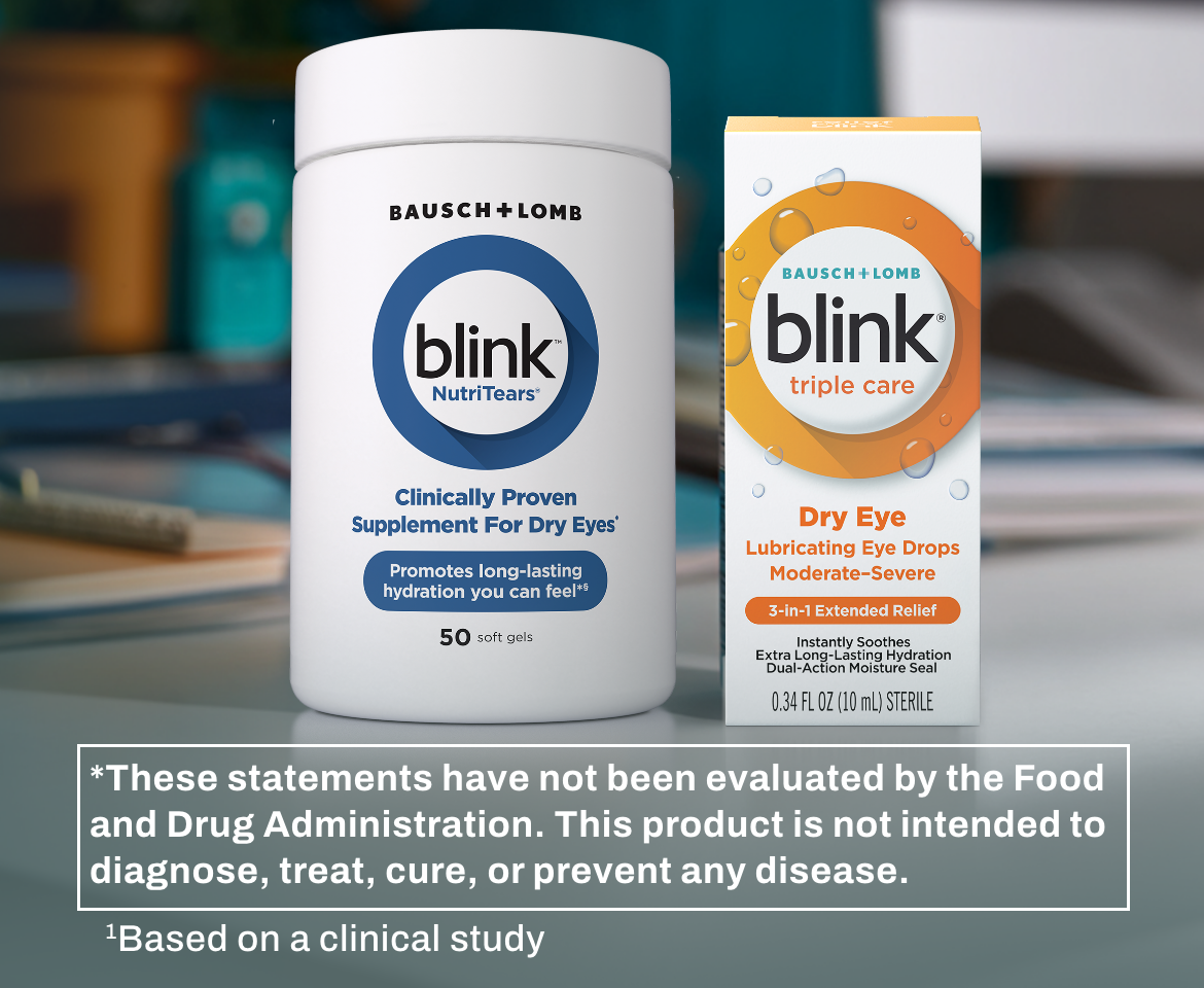 Blink NutriTears Supplement for Dry Eyes bottle next to Blink Triple Care Lubricating Eye Drops package on a table