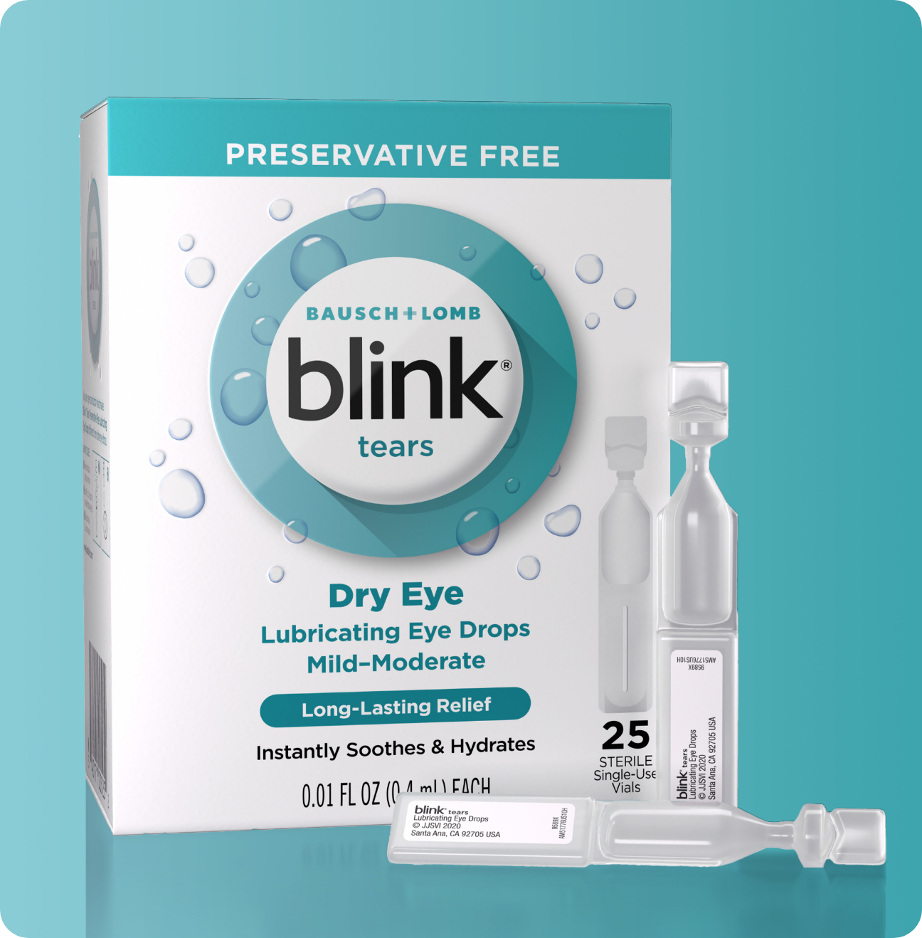 Blink Tears Preservative Free Lubricating Eye Drops vials and carton
