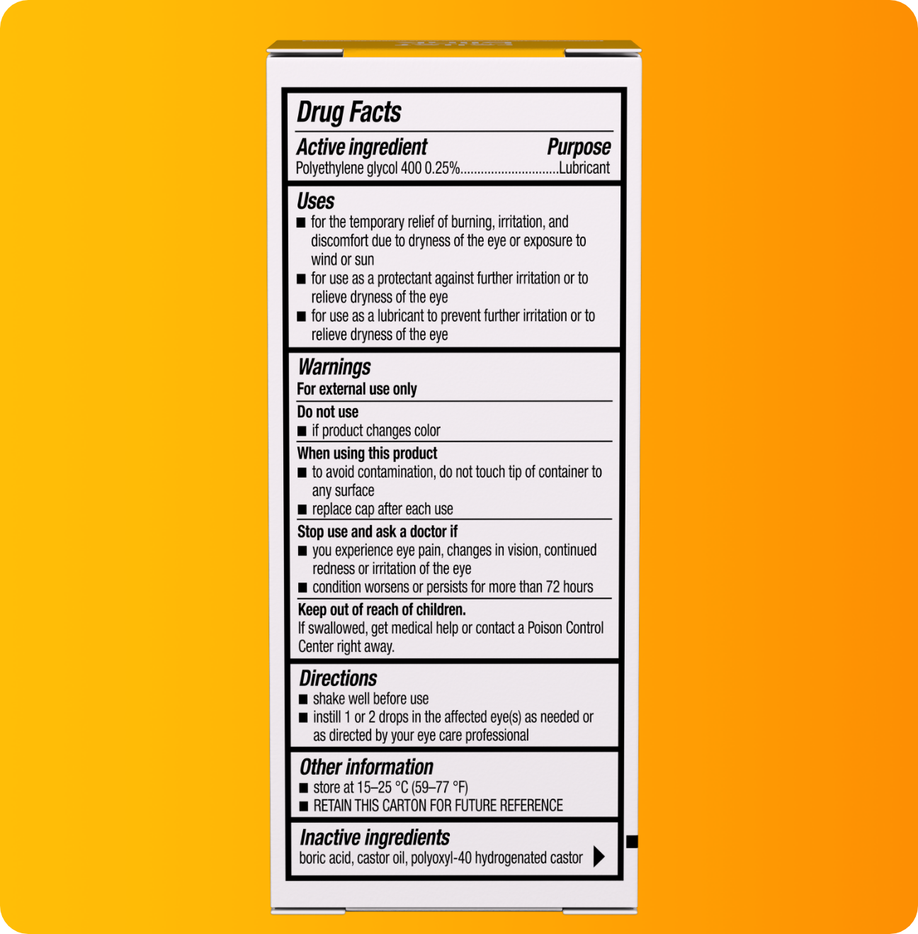 Blink Triple Care Preservative Free package with product drug facts